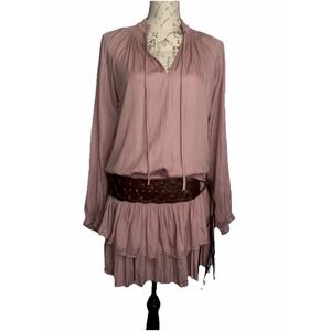 Mustard‎ Seed Womens Dress S Rosette Pink Satin Smocked Tiered Mini Retro Boho